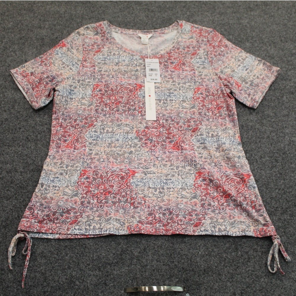 NWT Intro Love The Fit Petite Red Floral Print Short Sleeve Tie T-Shirt Top